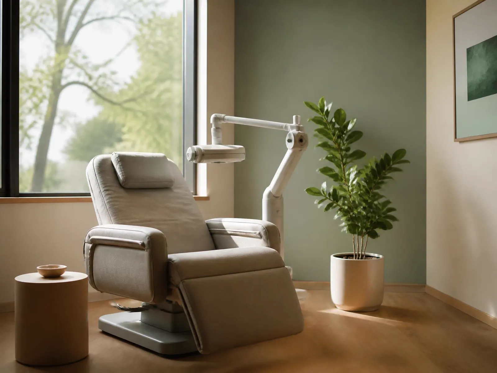 A quiet TMS treatment room with a reclining chair beside a sunlit window