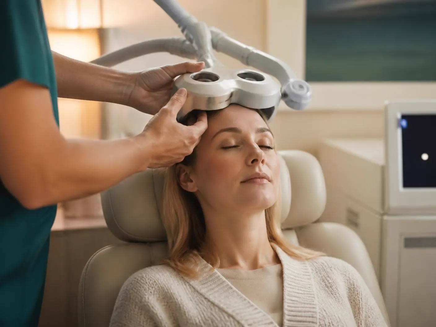 A clinician positioning a TMS coil on a relaxed patient in a warm, sunlit treatment room